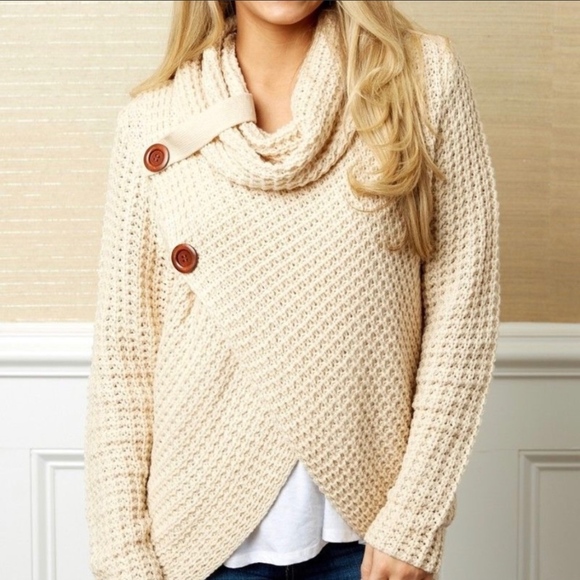 Cream Cowl Neck Knit Button Sweater Top - Picture 2 of 8
